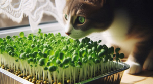 Cat exploring microgreens, highlighting safe and healthy snacks for felines.