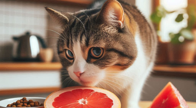 A curious cat with a skeptical expression sniffs a slice of grapefruit on a kitchen table, with sunlight streaming through a window in the background and a bowl of cat food visible nearby.